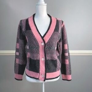 Nerdy Girl Plaid Knit Cardigan MEDIUM Pink Black Librarian Chic Cozy Sweater